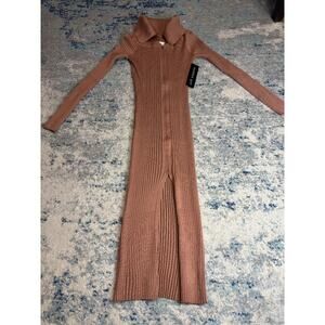 Madden Girl Women’s Ribbed Knit Zip Front Midi Dress Brown New With Tags